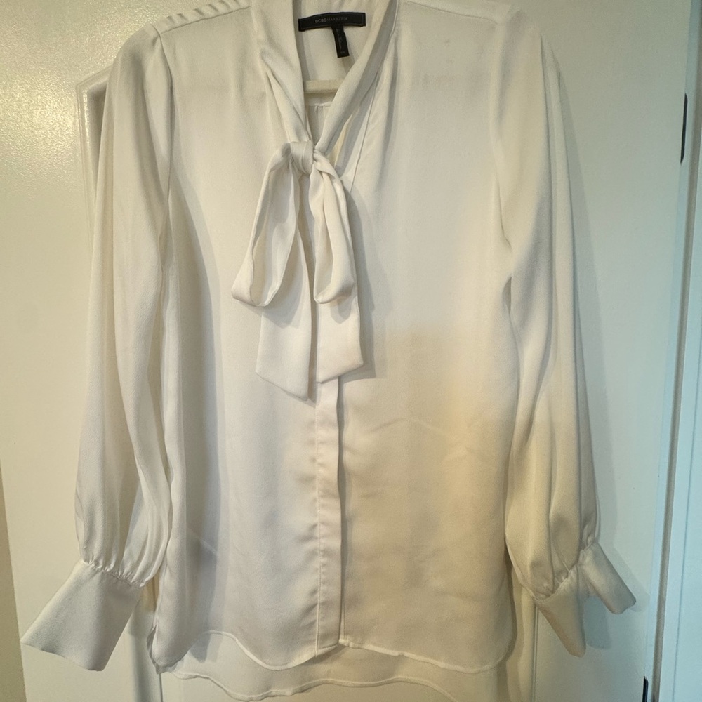 BCBGMaxAzria White Tie-Neck Blouse